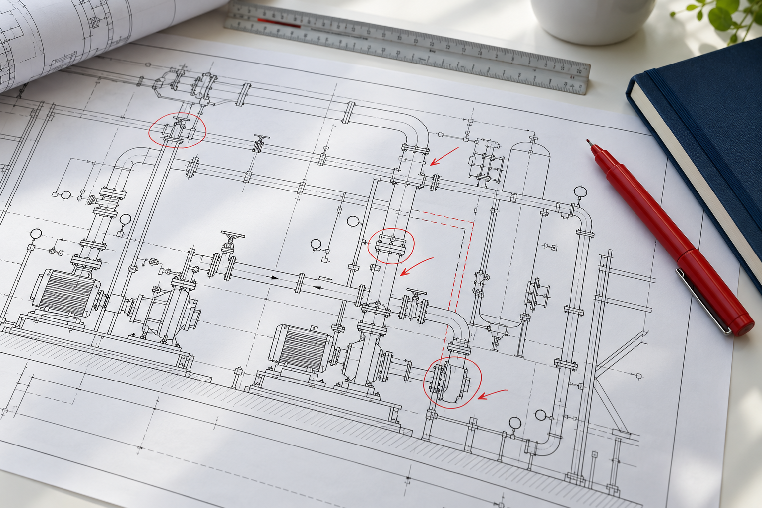 Illustrative mechanical drawing with red revision markups